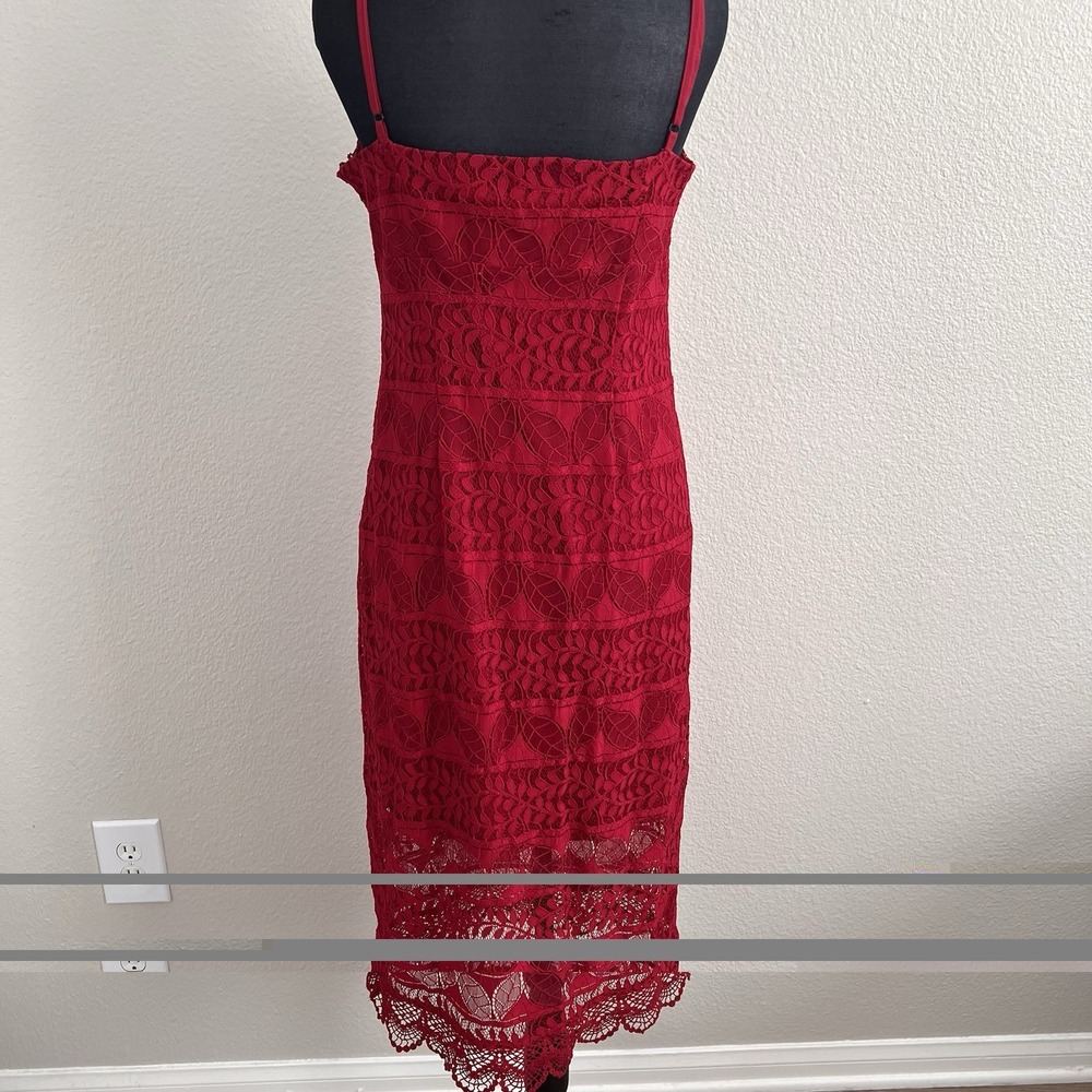 Medium Red Lace Midi Dress Bodycon Spaghetti Strap Cocktail Party Dress Romantic - Picture 7 of 11